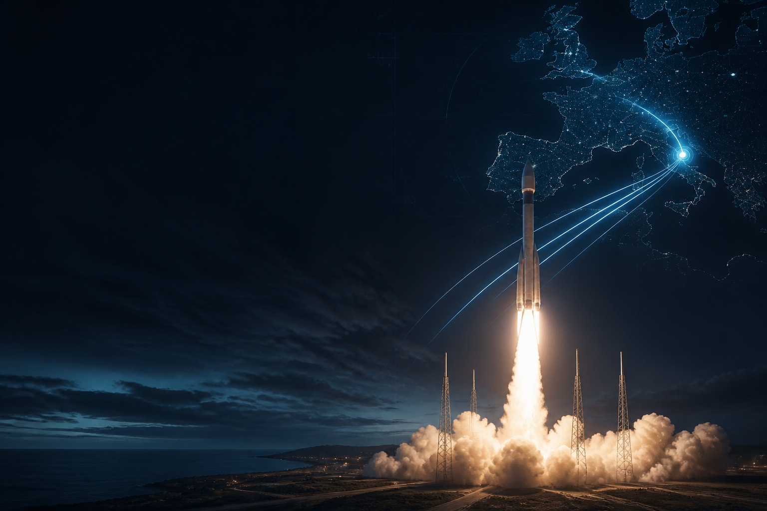 Cargo rocket launch over Europe at night